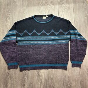 Vintage Impulse Men L Geometric Fair Isle Knit Sweater Purple Teal Black Acrylic
